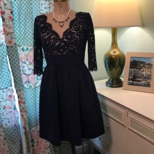 Navy Eliza J lace and faille 3/4 sleeve dress